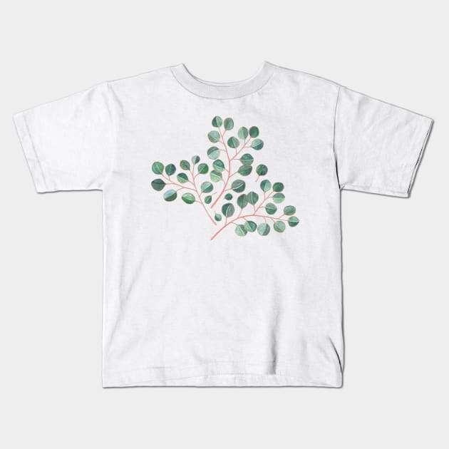 Simple Silver Dollar Eucalyptus Leaves on White Kids T-Shirt by micklyn